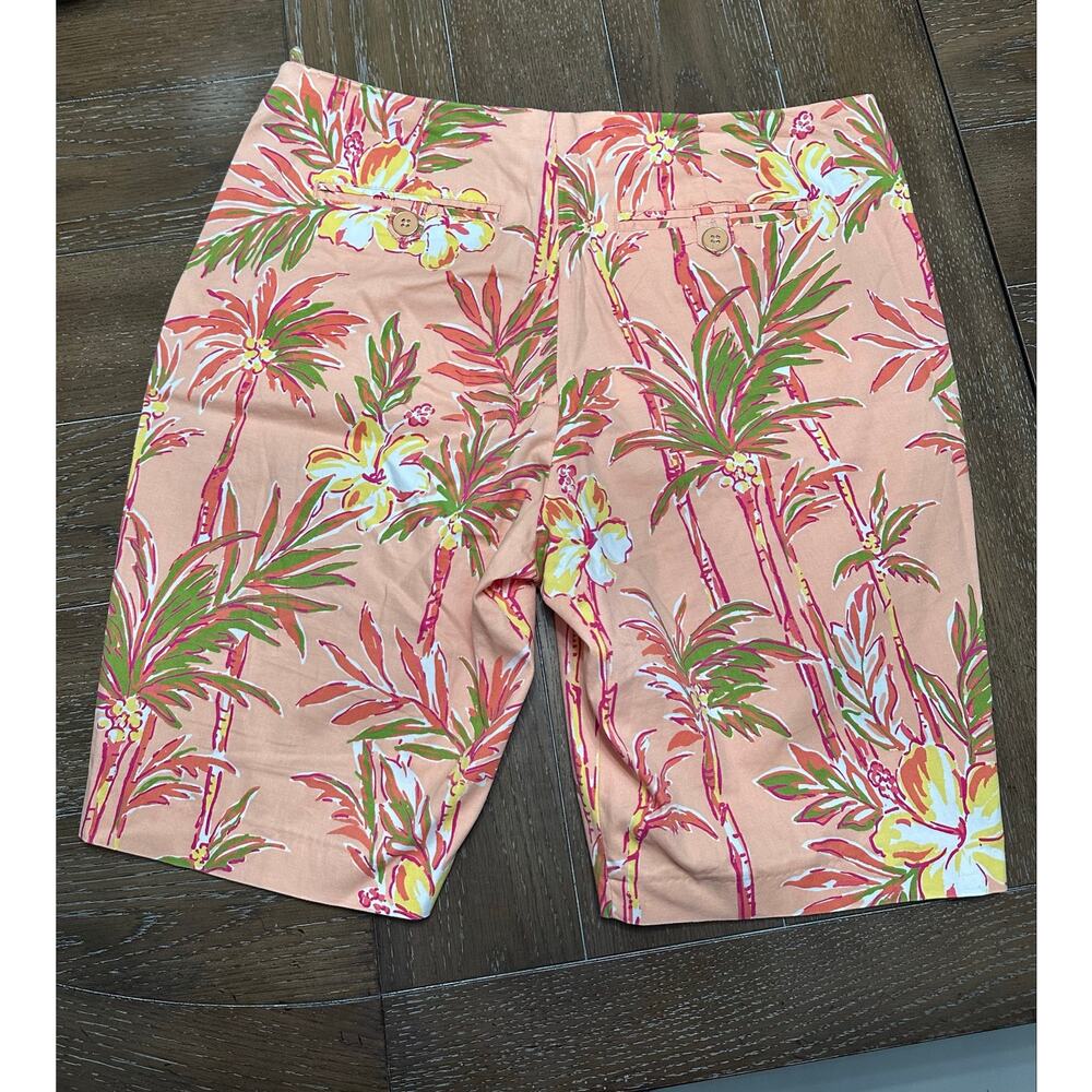 EUC Pappagallo Bermuda Shorts Tropical Palm Tree Peach Pink Green Sz 12 Side Zip - Picture 7 of 8
